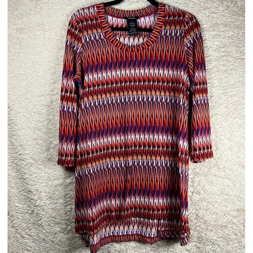 Premise Womens‎ Tunic Top Red White Chevron 3/4 Sleeve Crew Neck Stretch S Boho